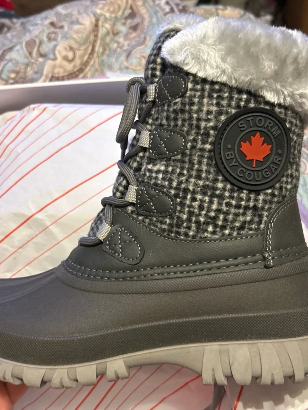 Storm Women's Gray Faux Fur Winter Rain Boots